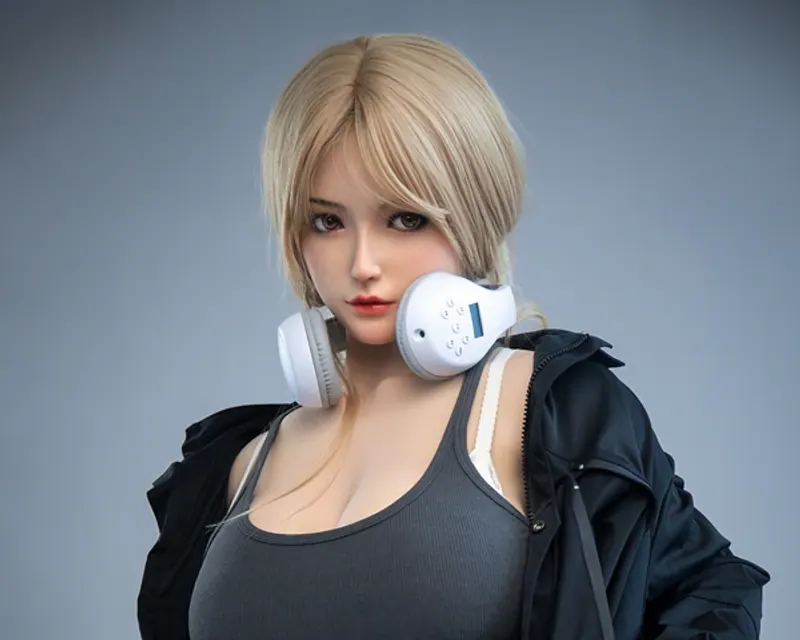 Close portrait of a mature full-silicone adult companion with short blonde hair